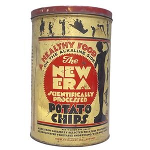 Vintage New Era Potato Chips Advertising Tin Can Nicolay Dancey Art Deco Red Lid